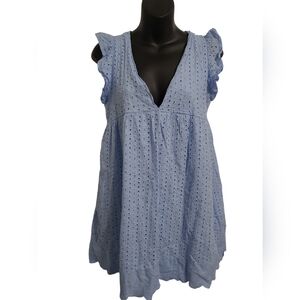 💲1️⃣ SHEIN Pale Blue Embroidered/Eyelet Cap Sleeved Mini Dress/Romper Size Sm